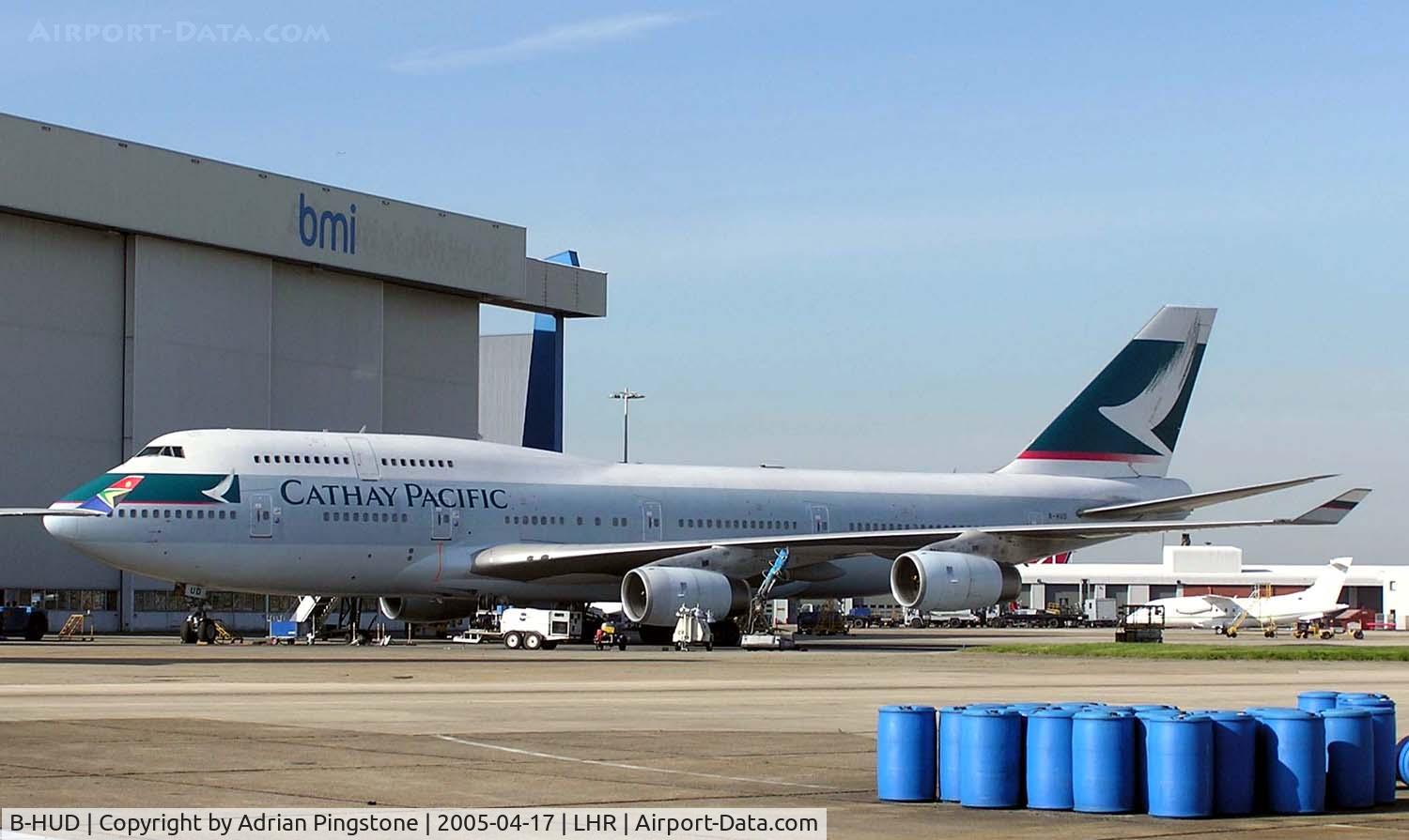 B-HUD, 1992 Boeing 747-467 C/N 25874, Cathay Pacific Boeing 747-400 (B-HUD) in the maintenance area at London (Heathrow) Airport, England in April 2005