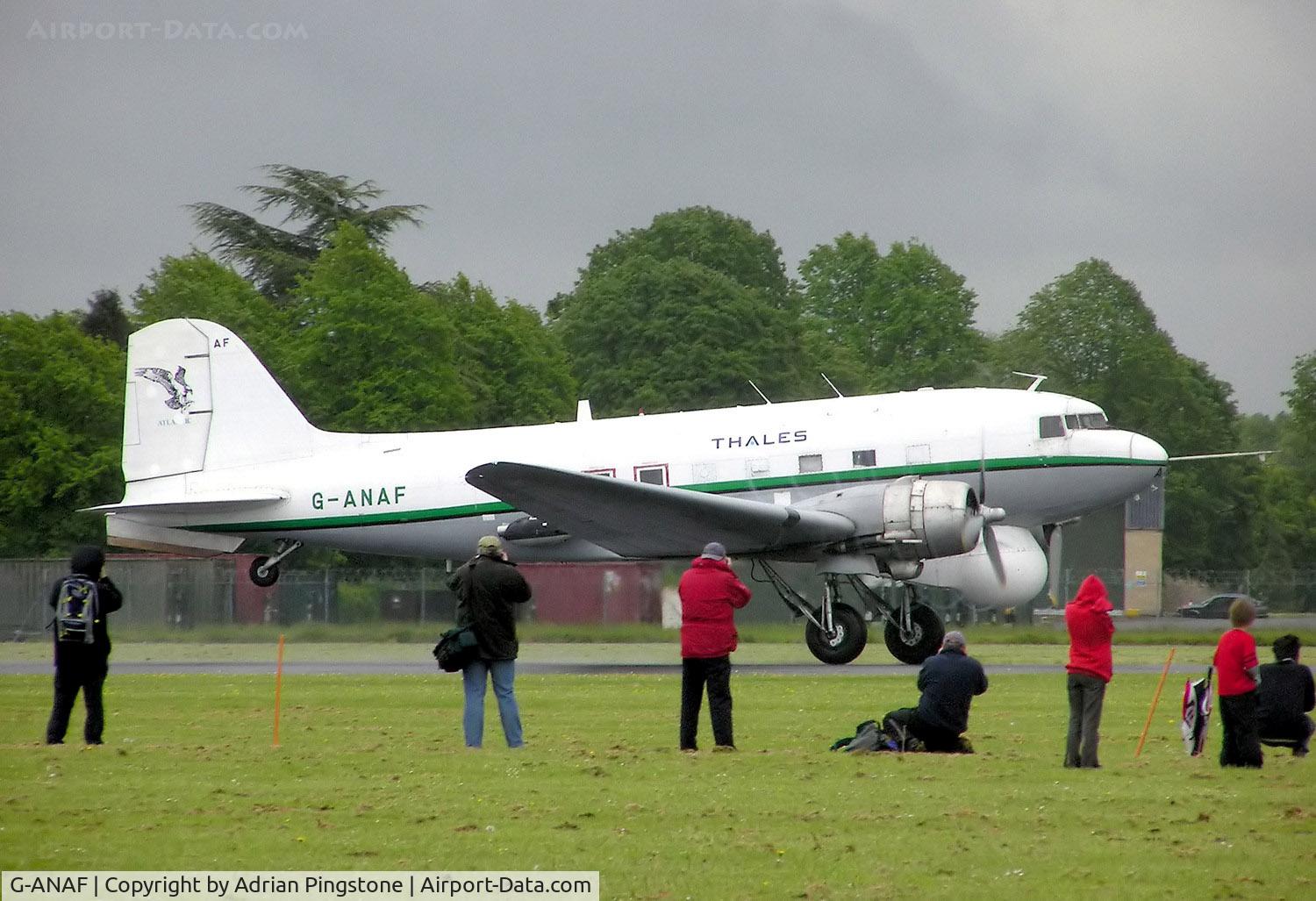 G-ANAF, 1944 Douglas DC-3C-R-1830-90C (C-47B) C/N 33436, Douglas Dakota DC-3 (G-ANAF) of the Air Atlantique Historic Flight at Hullavington Airfield, Wiltshire, England, taking off. May 2005