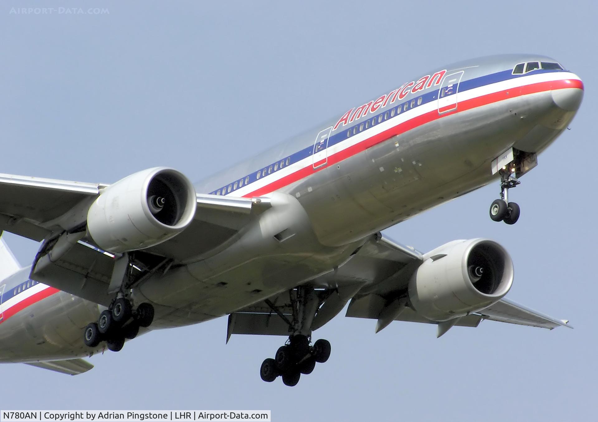 N780AN, 1999 Boeing 777-223 C/N 29956, American Airlines Boeing 777-200ER (N780AN) landing at London Heathrow Airport, England in Sept 2005