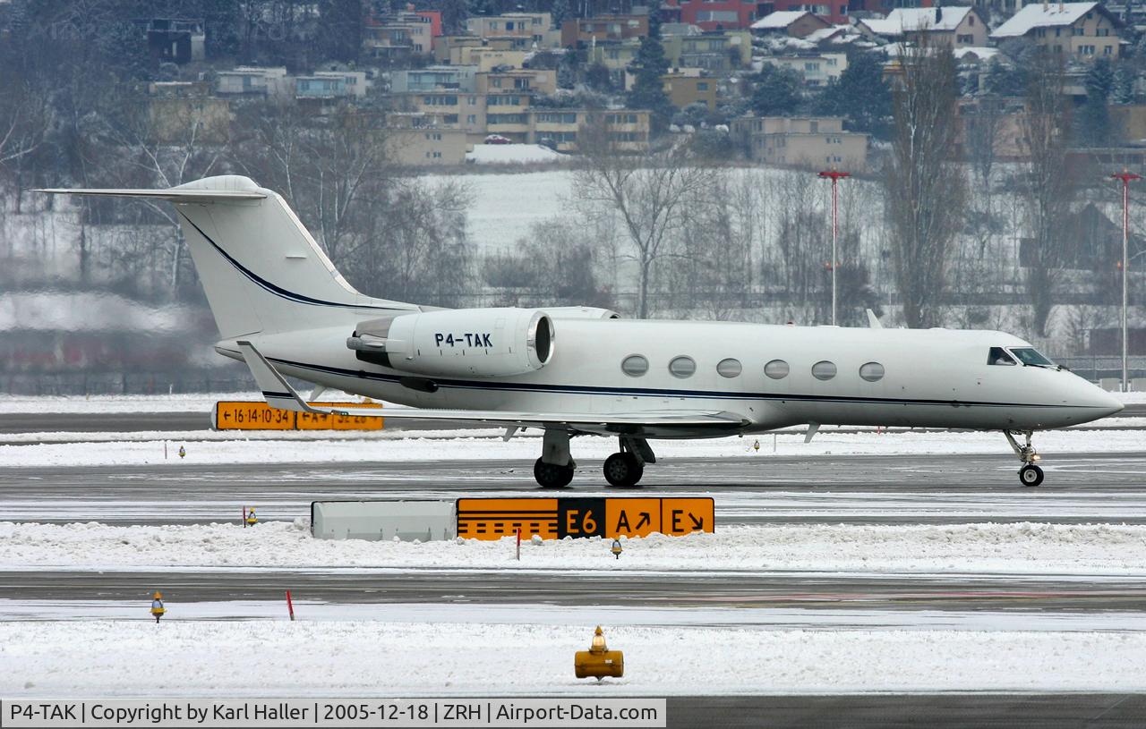 P4-TAK, Gulfstream Aerospace 4SP C/N 1425, saw it taxiing on Zurich Airport, Switzerland