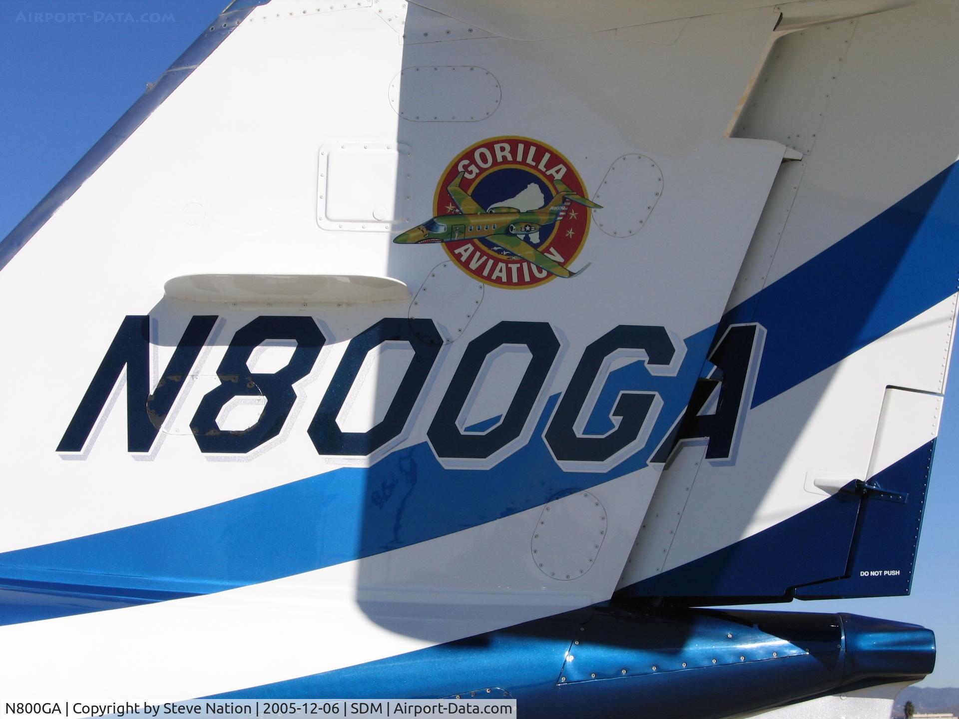 N800GA, 1979 Gates LearJet 28 C/N 003, close-up of Gorilla Aviation logo on 1979 Gates Learjet 28 at Brown Field (San Diego), CA in bright December sunshine