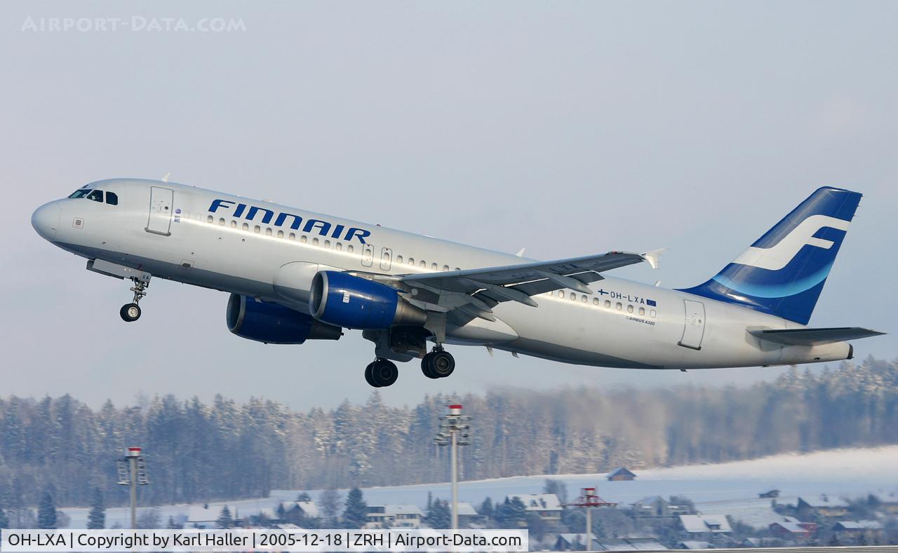 OH-LXA, 2001 Airbus A320-214 C/N 1405, departure from RWY 28 in Zurich, Switzerland