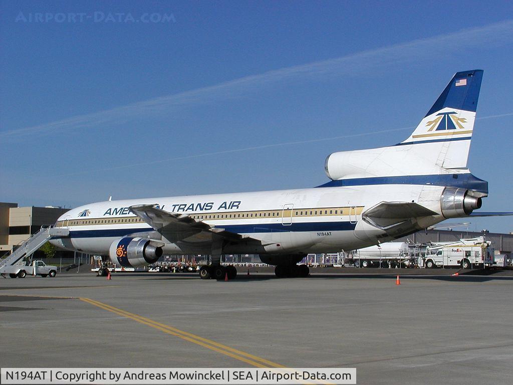 N194AT, 1982 Lockheed L-1011-385-1-15 TriStar 100 C/N 193B-1230, On a pretty June (2004) day, N194AT passed through SEA on a two-engine ferryflight