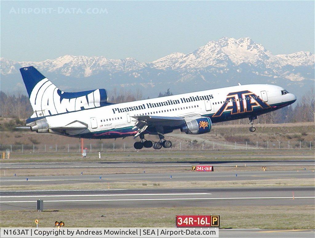 N163AT, 1982 Lockheed L-1011-385-3 TriStar 500 C/N 293A-1229, ATA Airlines Lockheed L-1011 at Seattle-Tacoma International Airport. The Pleasant Hawaiian livery has now (May 2004) been removed.