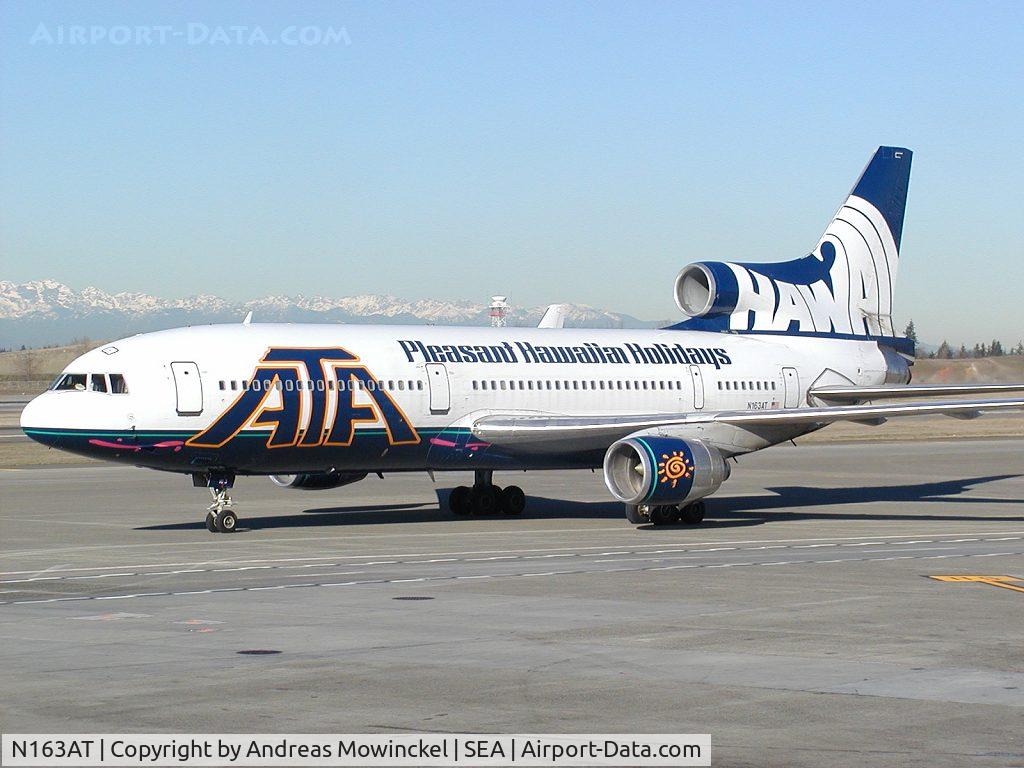 N163AT, 1982 Lockheed L-1011-385-3 TriStar 500 C/N 293A-1229, ATA Airlines Lockheed L-1011 at Seattle-Tacoma International Airport. The Pleasant Hawaiian livery has now (May 2004) been removed.