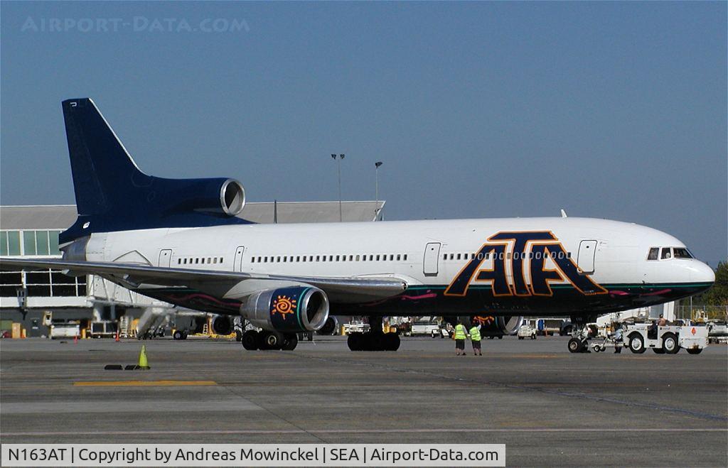 N163AT, 1982 Lockheed L-1011-385-3 TriStar 500 C/N 293A-1229, ATA Airlines Lockheed L-1011 at Seattle-Tacoma International Airport. The Pleasant Hawaiian livery has now (May 2004) been removed.