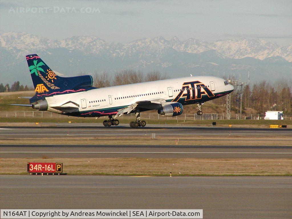N164AT, 1982 Lockheed L-1011-385-3 TriStar 500 C/N 293A-1238, ATA Airlines Lockheed L-1011 taking off from Seattle-Tacoma International Airport