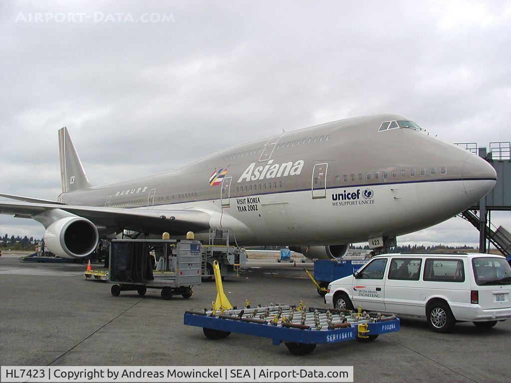 HL7423, 1997 Boeing 747-48EM(F) C/N 27282, Asiana Airlines Boeing 747 at Seattle-Tacoma International Airport