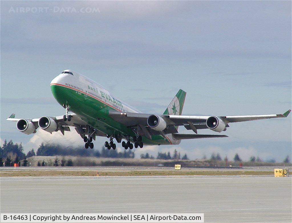 B-16463, 1993 Boeing 747-45E SCD F C/N 27174, Eva Air (Taiwan) Boeing 747 taking off from Seattle-Tacoma International Airport