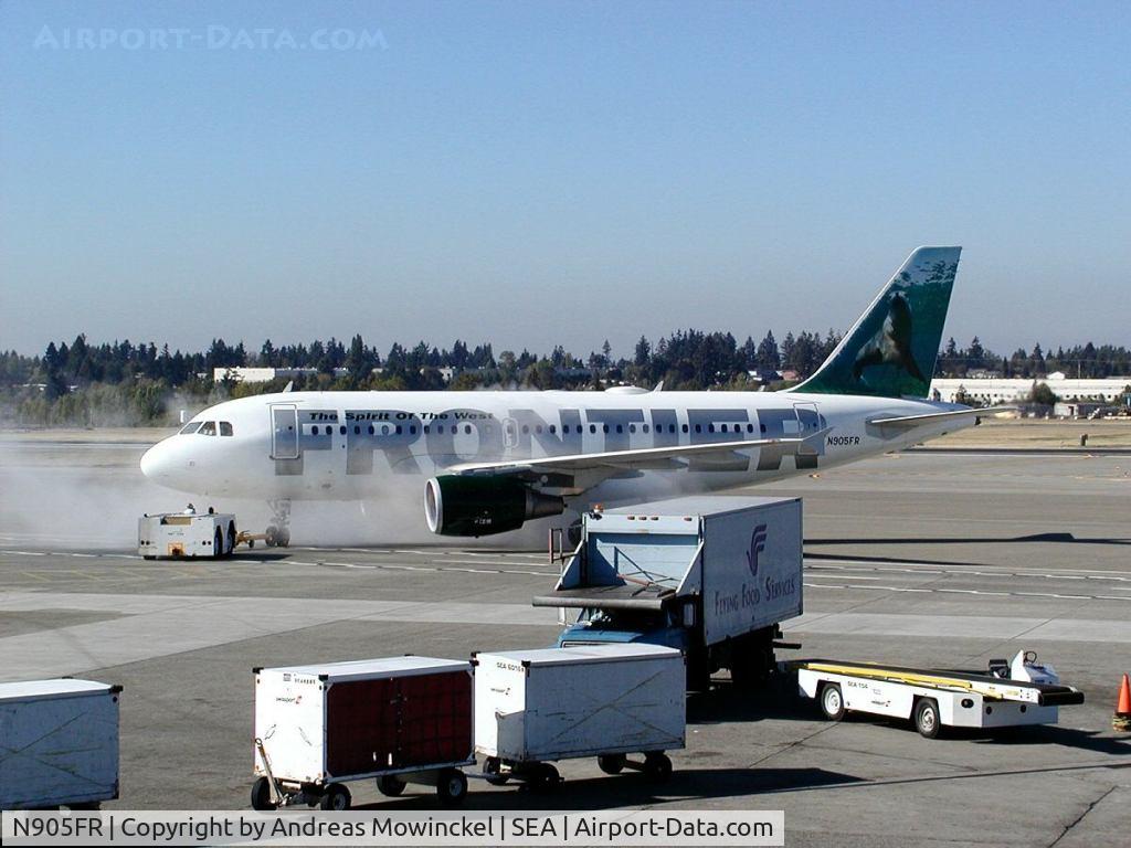 N905FR, 2001 Airbus A319-111 C/N 1583, Frontier Airlines A319 push off at Seattle-Tacoma International Airport