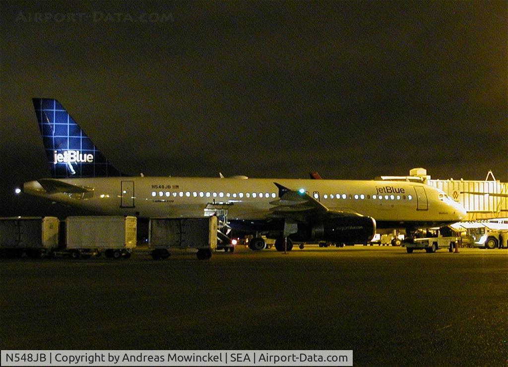 N548JB, 2002 Airbus A320-232 C/N 1868, jetblue A320 at Seattle-Tacoma International Airport. As far as I know, this the only jetBlue picture from SEA on the net.  jetBlue operate in the dead of the night.