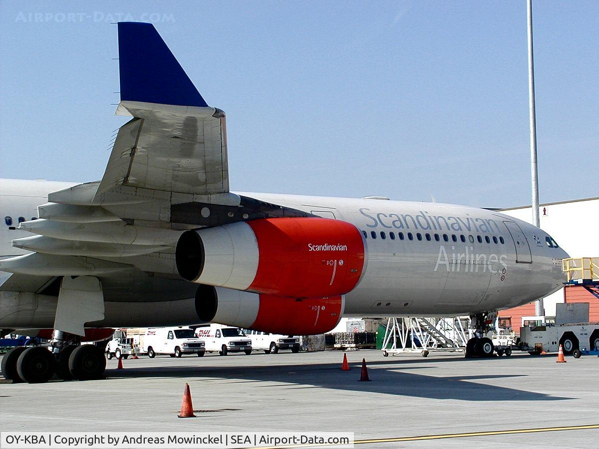 OY-KBA, 2001 Airbus A340-313X C/N 435, SCANDINAVIAN AIRLINES A340 at Seattle-Tacoma International Airport