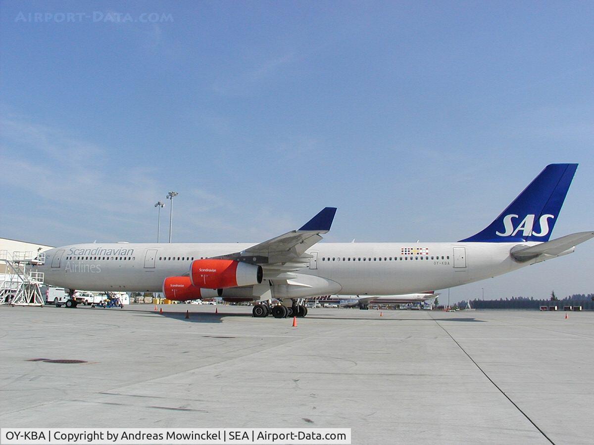 OY-KBA, 2001 Airbus A340-313X C/N 435, SCANDINAVIAN AIRLINES A340 at Seattle-Tacoma International Airport