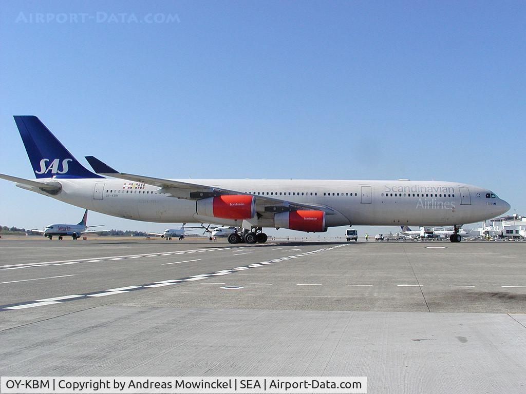 OY-KBM, 2002 Airbus A340-313X C/N 450, SCANDINAVIAN AIRLINES A340 at Seattle-Tacoma International Airport