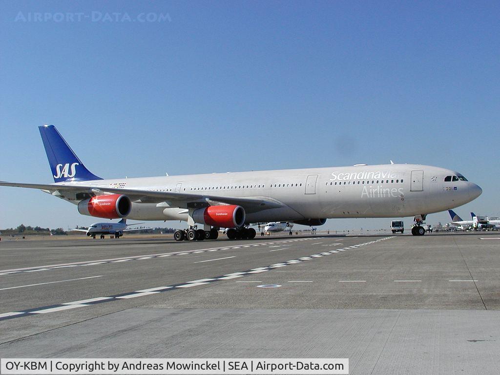 OY-KBM, 2002 Airbus A340-313X C/N 450, SCANDINAVIAN AIRLINES A340 at Seattle-Tacoma International Airport