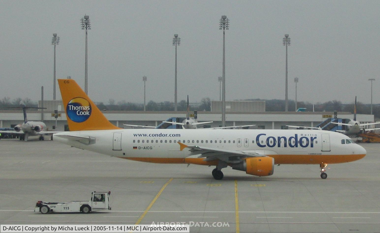 D-AICG, 1999 Airbus A320-212 C/N 0957, Sunseekers leaving cold Munich