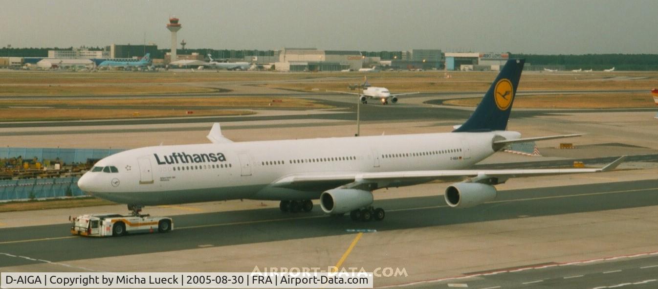 D-AIGA, 1993 Airbus A340-311 C/N 020, D-AIGA being towed to the gate after maintenance at LH's base in Frankfurt