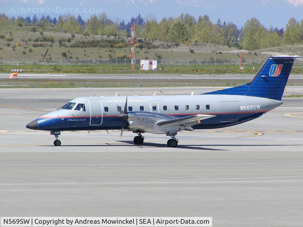 N569SW, 1998 Embraer EMB-120ER Brasilia C/N 120344, Skywest EMB-120ER at Seattle-Tacoma International Airport.