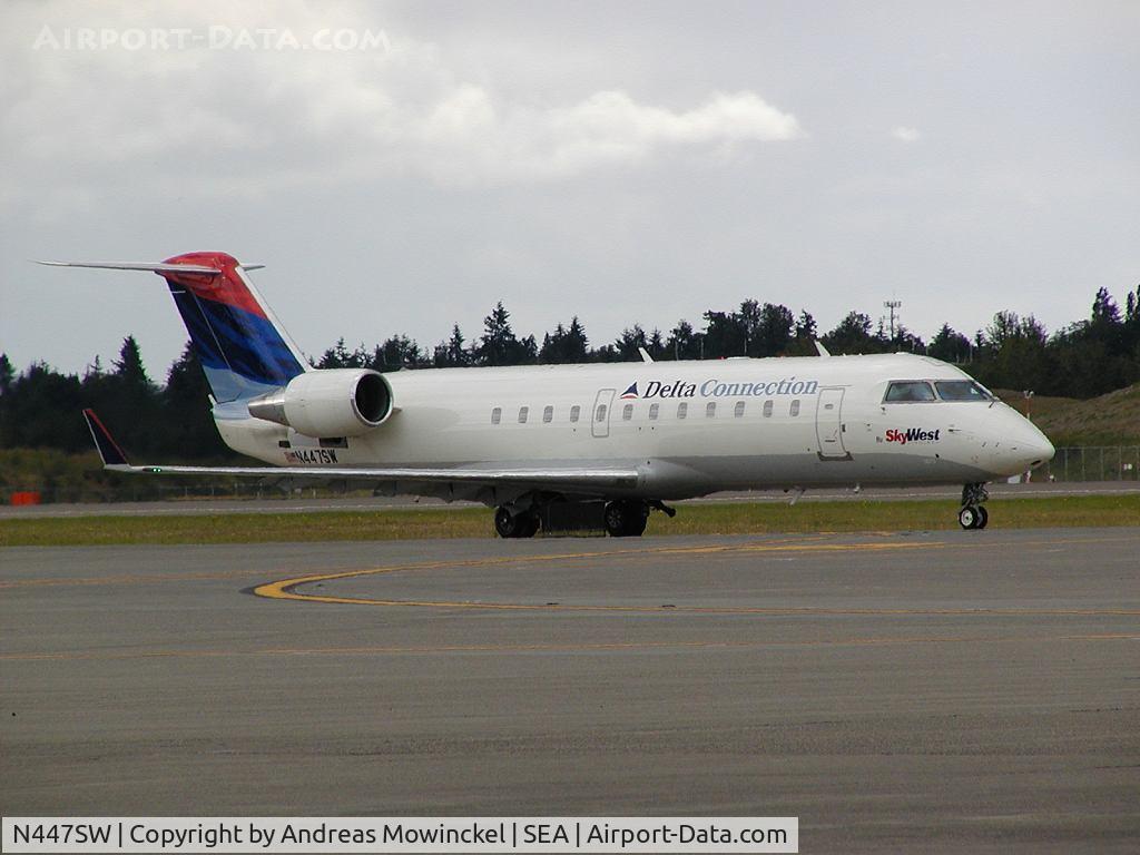 N447SW, 2002 Bombardier CRJ-200LR (CL-600-2B19) C/N 7677, Skywest CRJ-200 at Seattle-Tacoma International Airport.