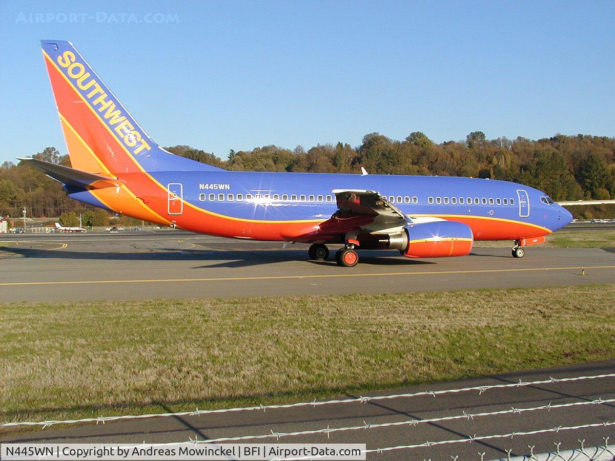 N445WN, 2003 Boeing 737-7H4 C/N 29841, Southwest Boeing 737 at Boeing Field. It got winglets installed prior to delivery