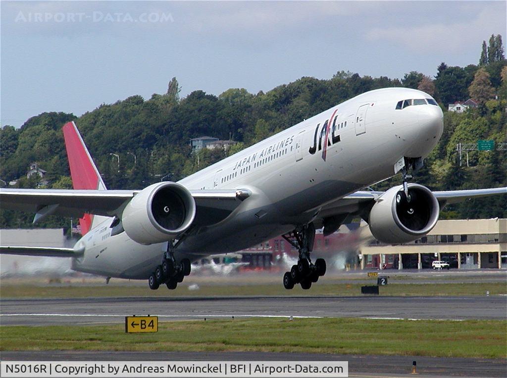 N5016R, 2003 Boeing 777-346/ER C/N 32431, N5016R taking off! One of the 777-300ER prototypes were repainted in JAL livery in the spring of '04. Register number  N5016R is temporary.