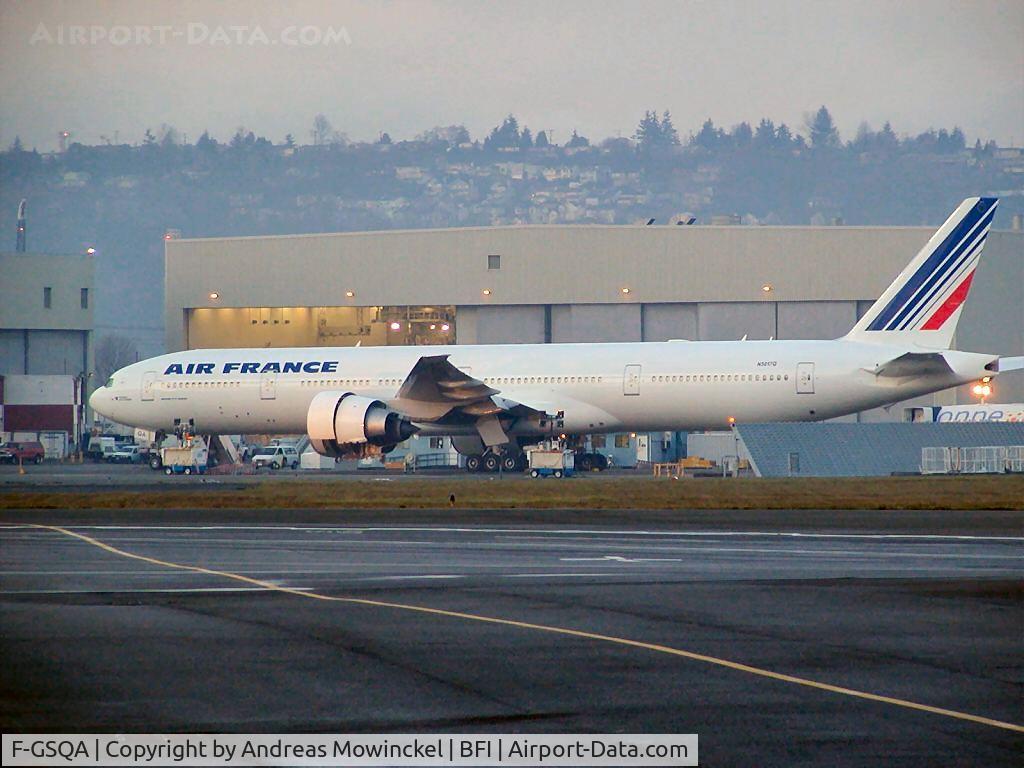 F-GSQA, 2004 Boeing 777-328/ER C/N 32723, First production 777-300ER at Boeing Field Airport. It has Air France paint and a temporary US tail number. It was due for delivery to Air France in June 2004