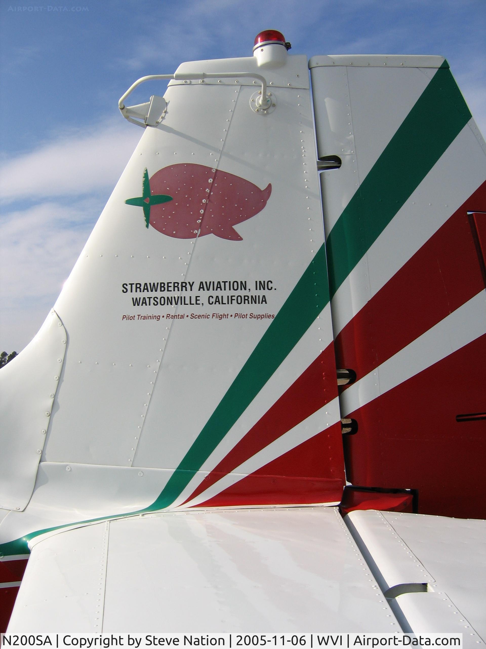 N200SA, Piper PA-23-160 Apache C/N 23-1627, close-up of tail logo on Strawberry Aviation PA-23-160 Apache with mods at Watsonville, CA