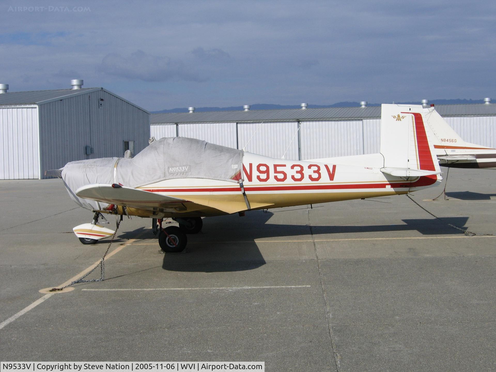 N9533V, 1970 Mooney M10 Cadet C/N 700023, 1970 Mooney M10 at Watsonville, CA.  Destroyed March 25,2006 when acft impacted high terrain 20 miles E of Salinas, CA after pilot lost control in IFR conditions. New pilot owner flying acft from WVI to Plainview, TX fatally injured.