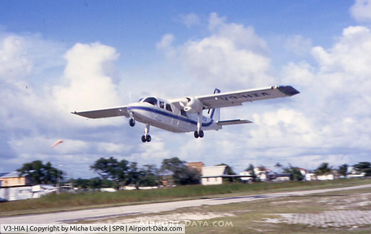 V3-HIA, 1979 Britten-Norman BN-2A-26 Islander C/N 2015, Britten Norman Islander of Island Air taking off at SPR for the 13 minute hop to Belize City Municipal (January 1993)
