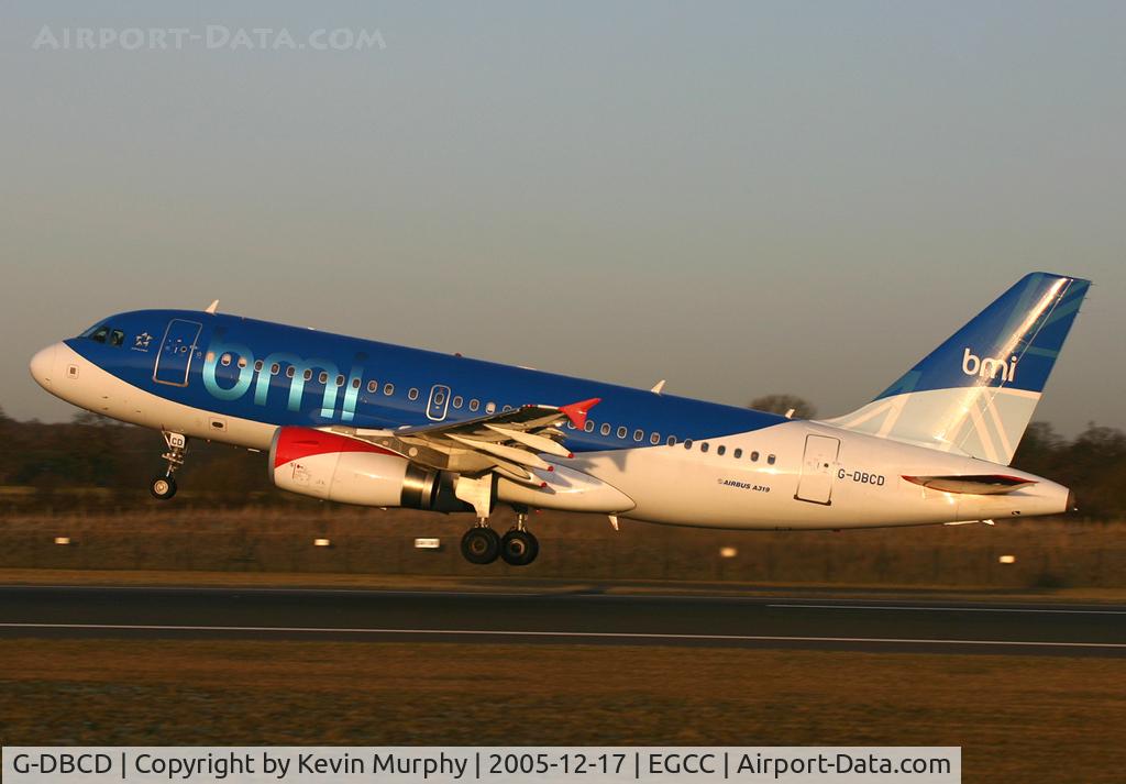 G-DBCD, 2005 Airbus A319-131 C/N 2389, BMI's A.319 departing 24L in the early morning sun.
