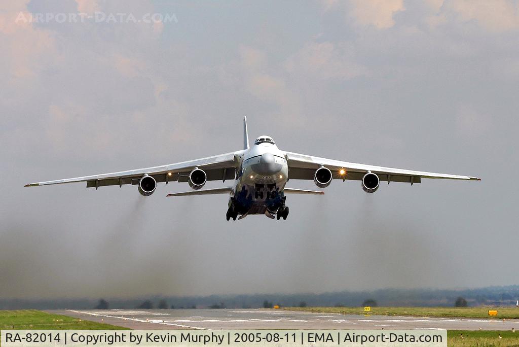 RA-82014, 1987 Antonov An-124-100 Ruslan C/N 9773054732039, Polet Cargo's mighty AN-124 taking off from East Midlands airport.