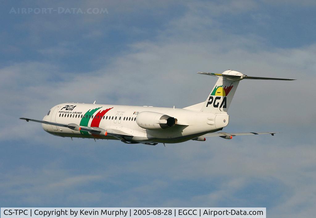 CS-TPC, 1990 Fokker 100 (F-28-0100) C/N 11287, Portugalia's F.100 departing Manchesters 24L.