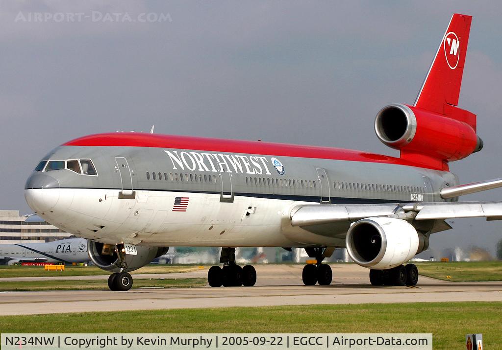 N234NW, 1997 McDonnell Douglas DC-10-30 C/N 46912, Fine looking DC-10 waiting at the threshold of Manchesters 24L.
