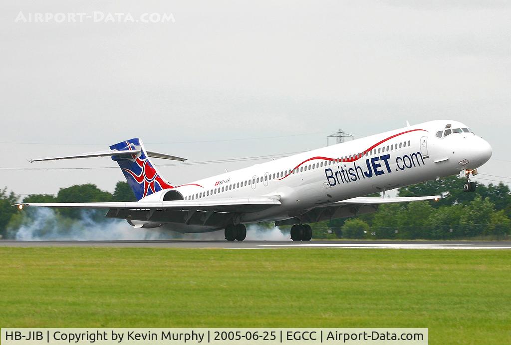 HB-JIB, 1996 McDonnell Douglas MD-90-30 C/N 53553, Smokey touchdown for this Swiss registered, British operated MD-90.