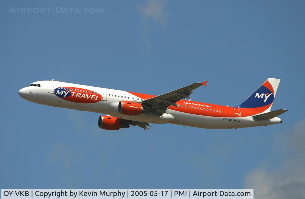 OY-VKB, 2003 Airbus A321-211 C/N 1921, A Danish registered My Travel A.321 blasting away from Palma Airport, Majorca.