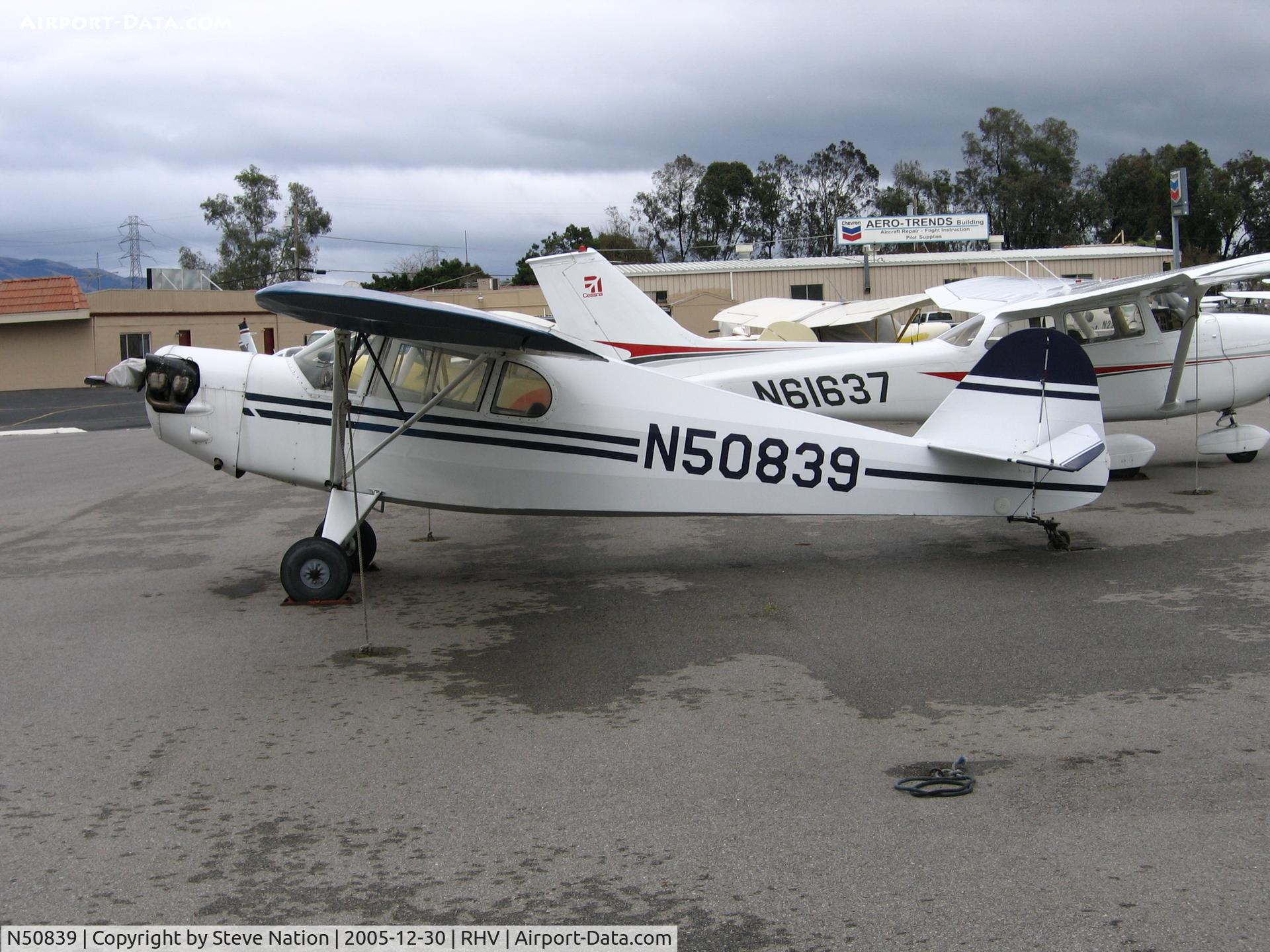 N50839, 1942 Taylorcraft DCO-65 C/N 4401, Amelia Reid Aviation LLC 1945 Taylorcraft DCO-65 between rainstorms at Reid-Hillview Airport, San Jose, CA