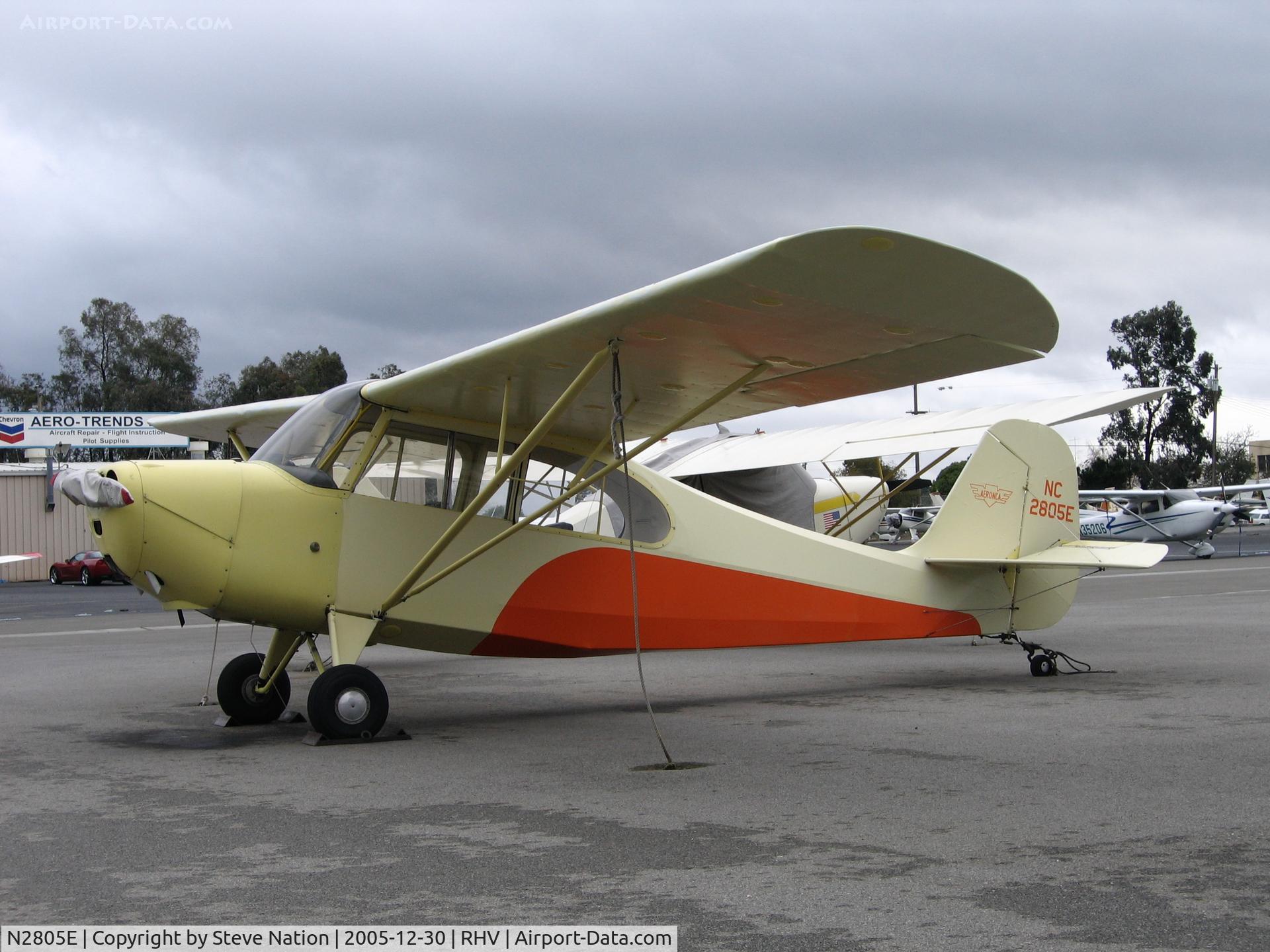 N2805E, 1946 Aeronca 7AC Champion C/N 7AC-6388, Amelia Reid Aviation LLC 1946 Aerona 7AC (as NC2805E) between rainstorms at Reid-Hillview Airport, San Jose, CA