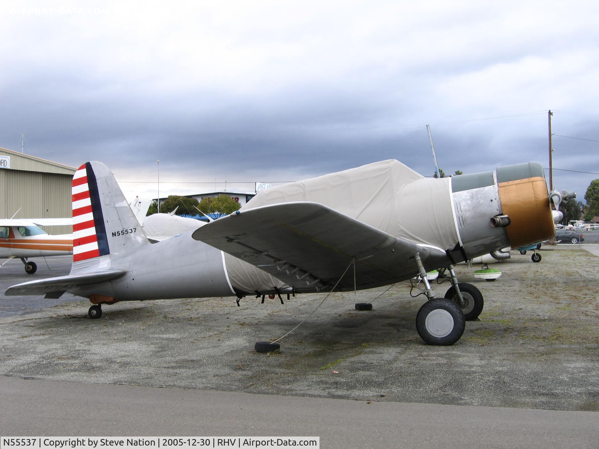 N55537, Consolidated Vultee BT-13 C/N 2469, Consolidated Vultee BT-13A (c/n 2469) between rainstorms at Reid-Hillview Airport, San Jose, CA