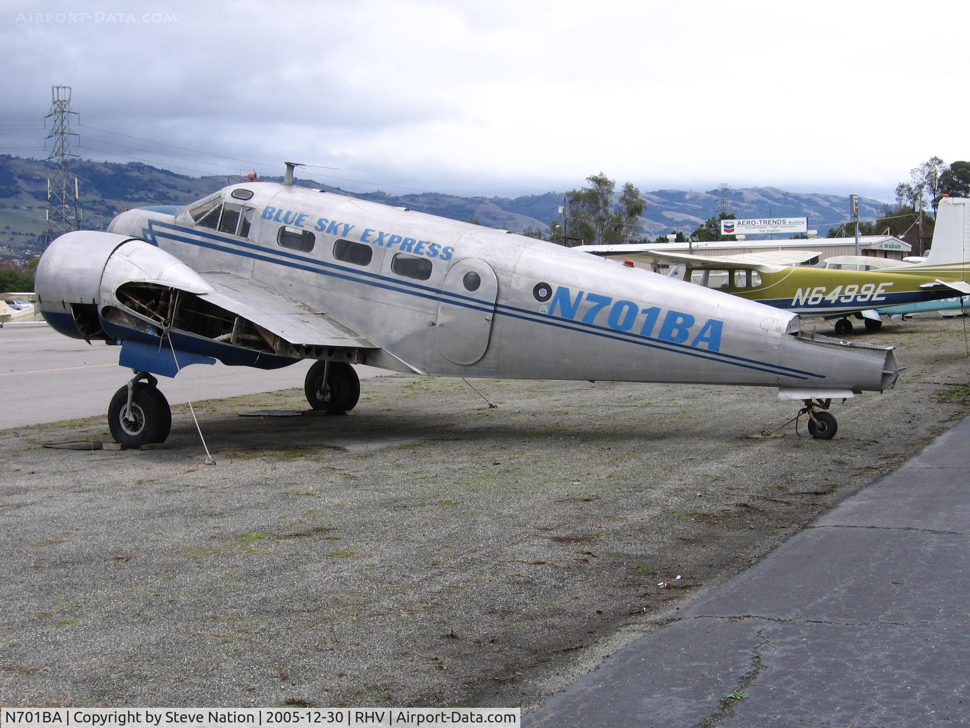 N701BA, 1943 Beech AT-11 Kansan C/N 3991, ex-Blue Sky Express Beech AT-11/C-45 (sans wings) between rainstorms at Reid-Hillview Airport, San Jose, CA