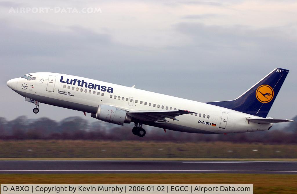 D-ABXO, 1987 Boeing 737-330 C/N 23873, Lufthansa 737 departs 24L at Manchester