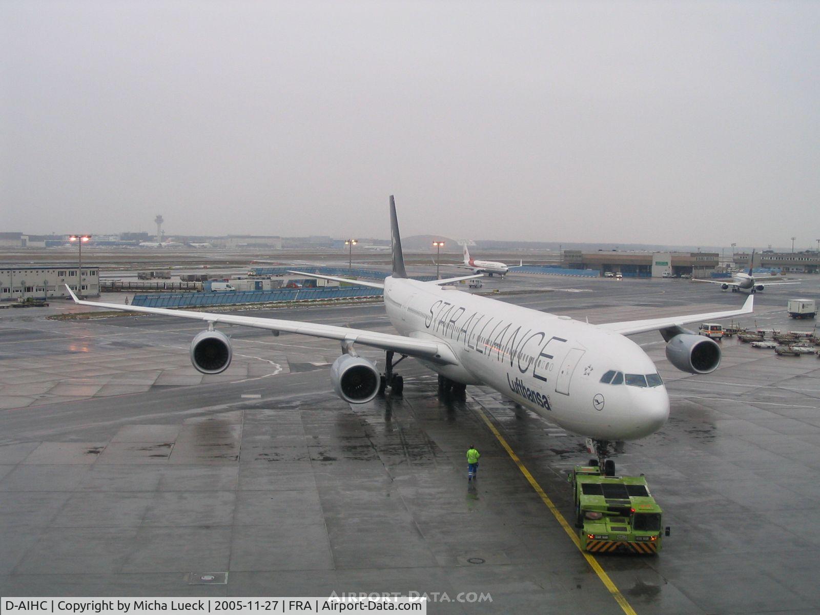 D-AIHC, 2003 Airbus A340-642 C/N 523, Push-back in Frankfurt