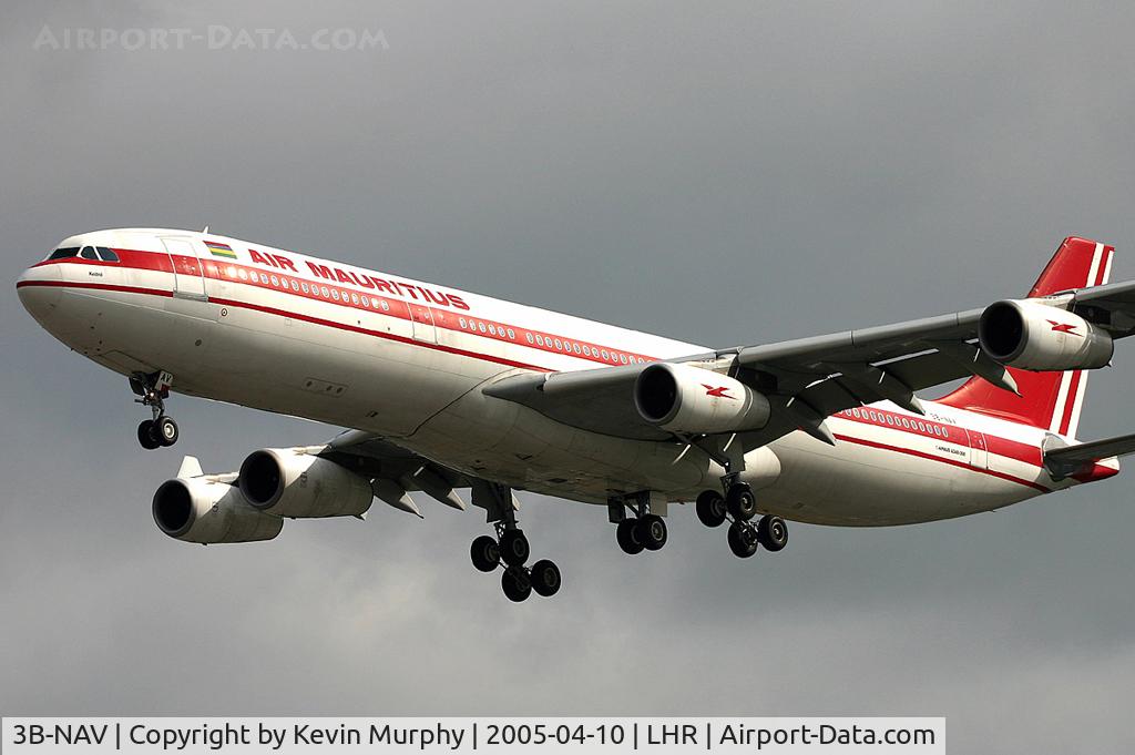 3B-NAV, 1995 Airbus A340-312 C/N 094, Short finals to Heathrows 27R.