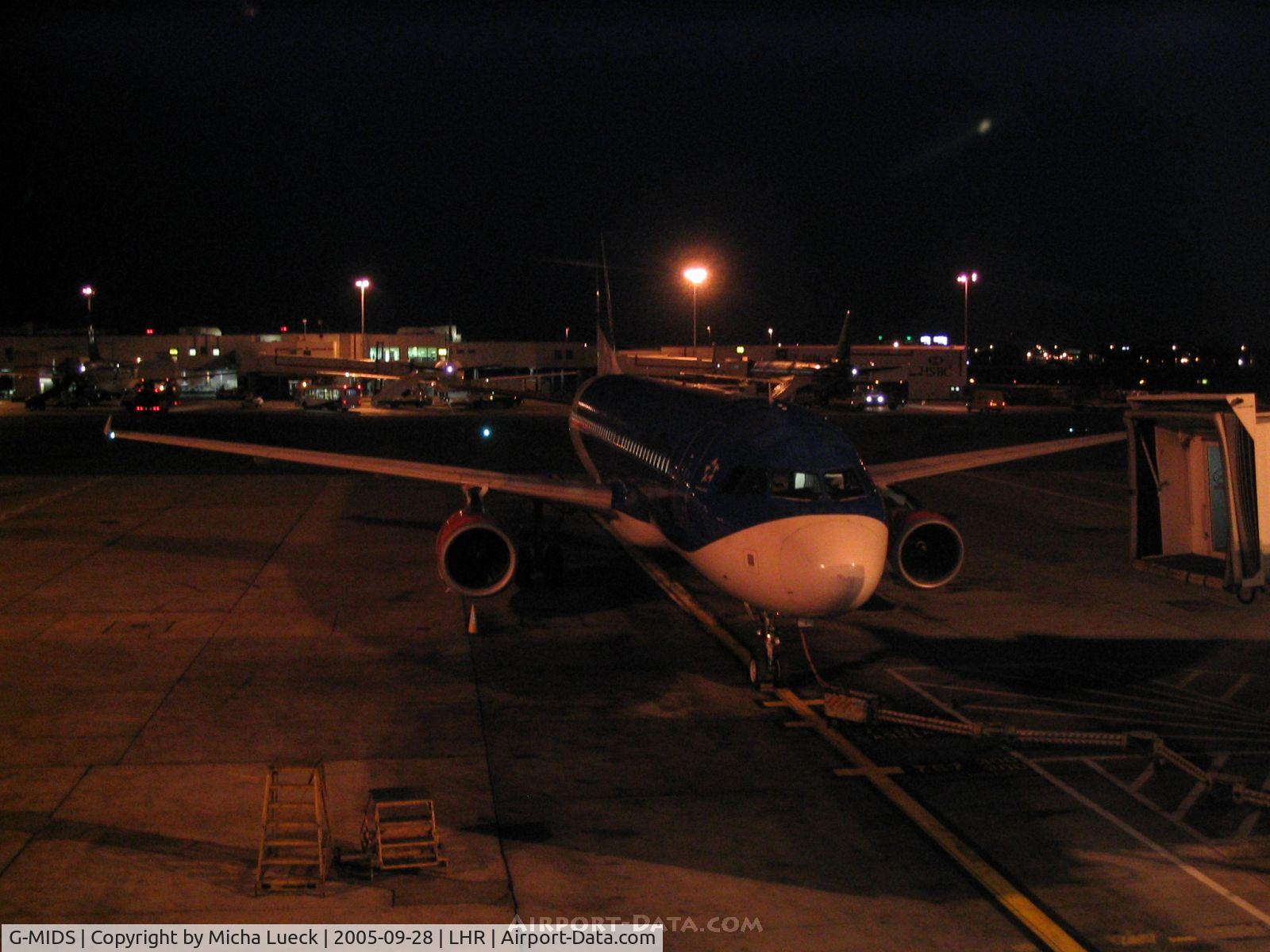G-MIDS, 2001 Airbus A320-232 C/N 1424, A very early start at Heathrow. bmi's A320 shortly to be off to Palma de Mallorca/Spain