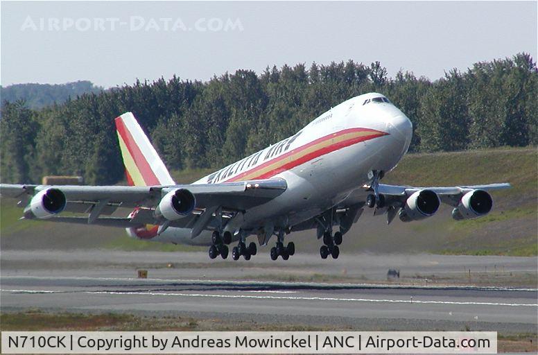 N710CK, 1975 Boeing 747-2B4B C/N 21097, Kalitta Air Boeing 747 departing Anchorage International Airport. This guy must have asked specifically for this runway.  No one else took off here.
