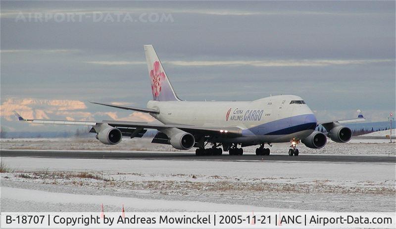 B-18707, 2001 Boeing 747-409F/SCD C/N 30764, China Airlines' 747 Freighters are frequent guests at Anchorage International Airport. Was converted to freighter in 2001