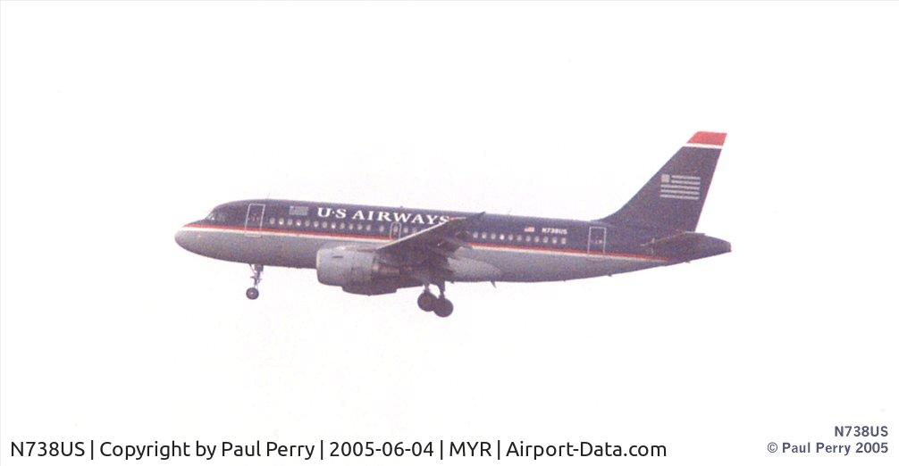 N738US, 2000 Airbus A319-112 C/N 1254, Short final at Myrtle Beach during a break in the weather