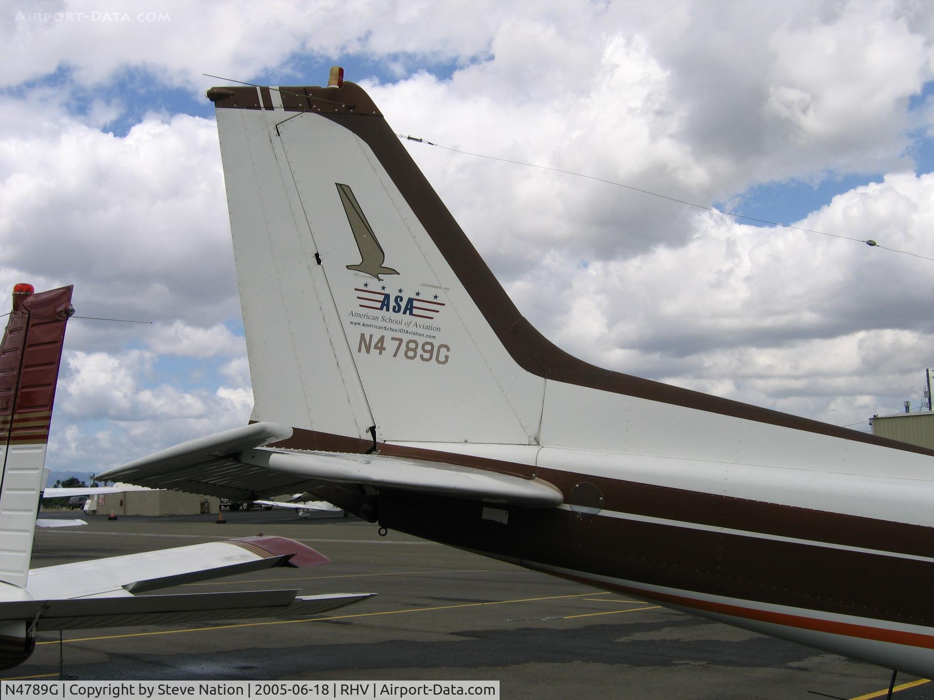 N4789G, Cessna 172N C/N 17273343, close-up of tail and ASA/American School of Aviation titles on 1979 Cessna 172N at Reid-Hillview Airport, San Jose, CA