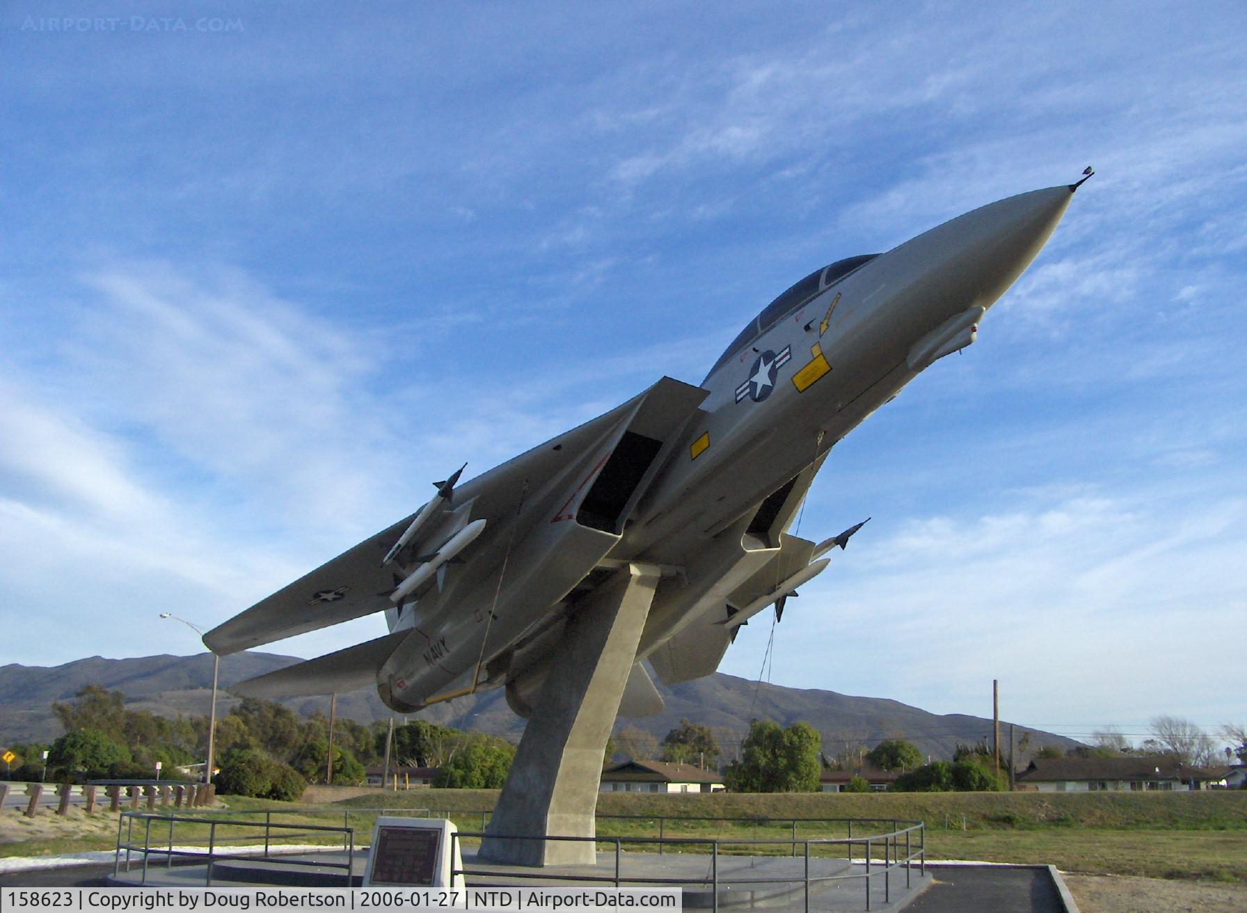 158623, 1973 Grumman F-14A Tomcat C/N 24, 1973 Grumman F-14A TOMCAT, first used by VF-124, NAS Miramar, then delivered to Naval Air Warfare Center, Point Mugu at NTD for unique R,D,T & E configuration 1993 07 06. B1-RD perched on extreme nose.
