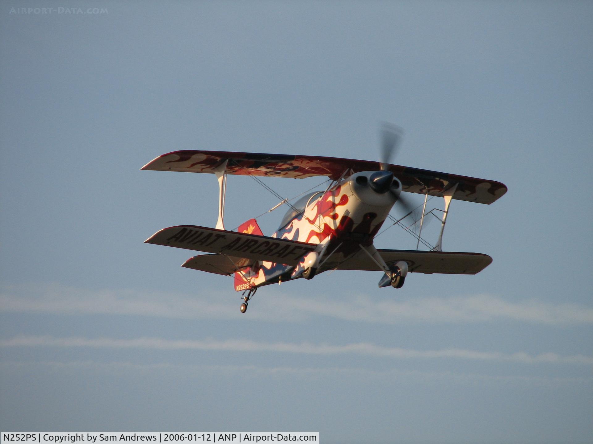 N252PS, 1999 Aviat Pitts S-2B Special C/N 5334, Passing overhead just after takeoff.  This was a hard shot to get.  Since the airplane is pretty snappy.