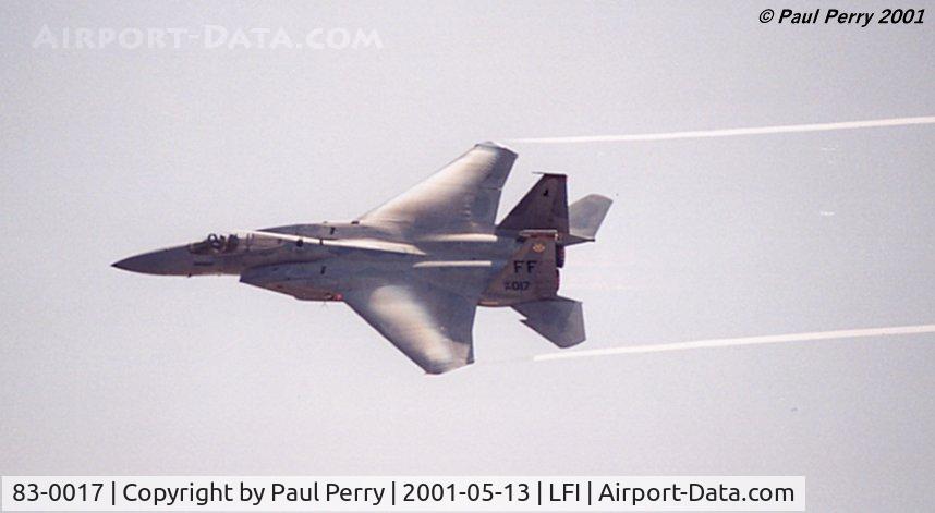 83-0017, 1983 McDonnell Douglas F-15C Eagle C/N 0864/C277, 71st FS, and yes, she is in full burner ripping vapor from the air
